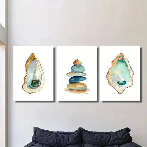 3pcs Balancing Zen Stones Ocean Oyster Wall Art Set Canvas Unframed - High Quality Print 100% Australian Made Wall Canvas