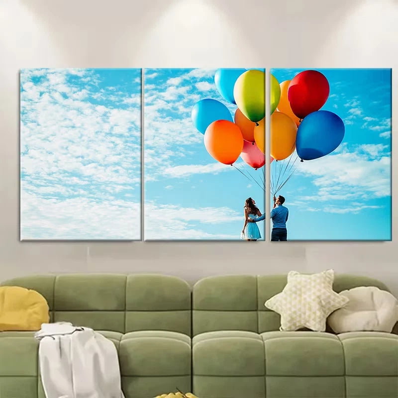 3pcs Couple In Love Holding Colorful Balloons Metal Print Ready to Hang Art