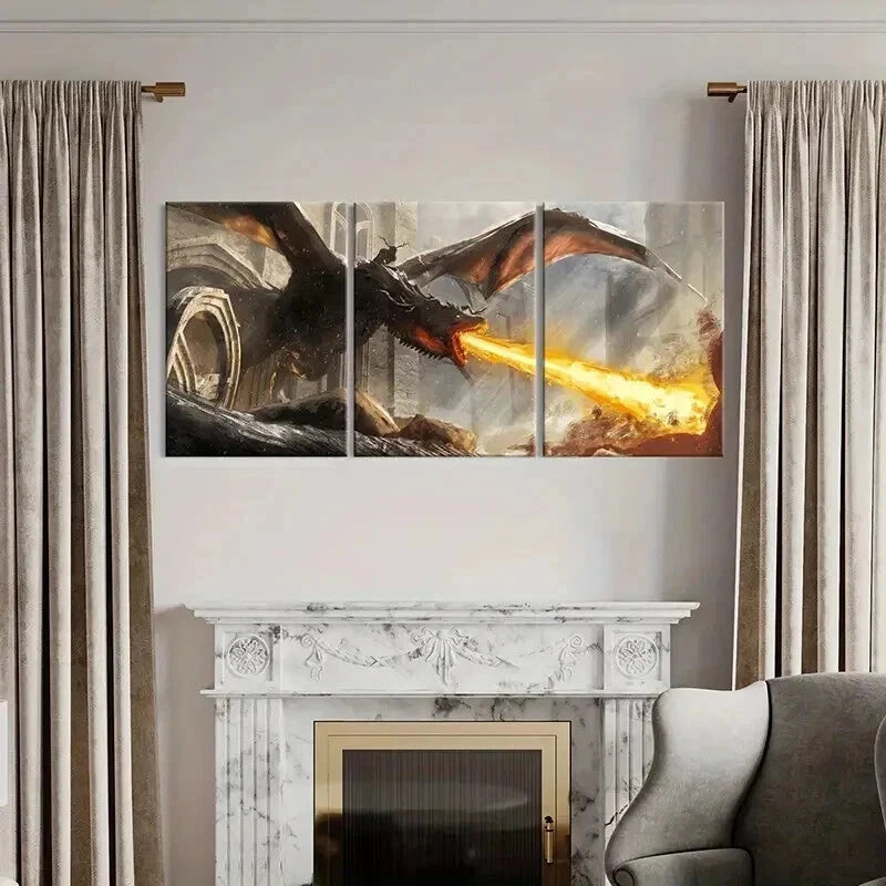 3pcs Fantasy Dragons & Mythical Creatures Wall Art Set Canvas Framed 40x60cm - High Quality Print 100% Australian Made Wall Canvas Ready to Hang