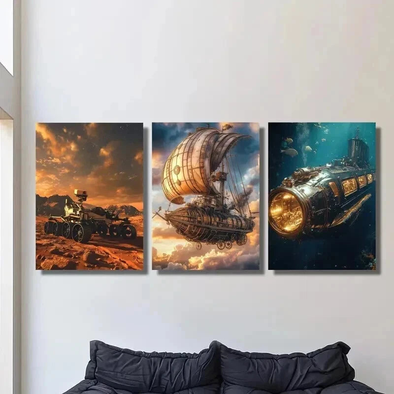 3pcs Mars Rover Steampunk Airship And Submarine Wall Art Set Canvas Framed 60x90cm - High Quality Print 100% Australian Made Wall Canvas Ready to Hang