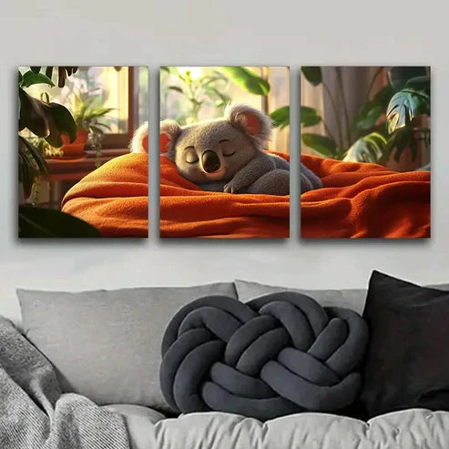 3pcs Cute Koala Adorable Nature Leaf Perfect Wall Art Set Canvas Unframed - High Quality Print 100% Australian Made Wall Canvas