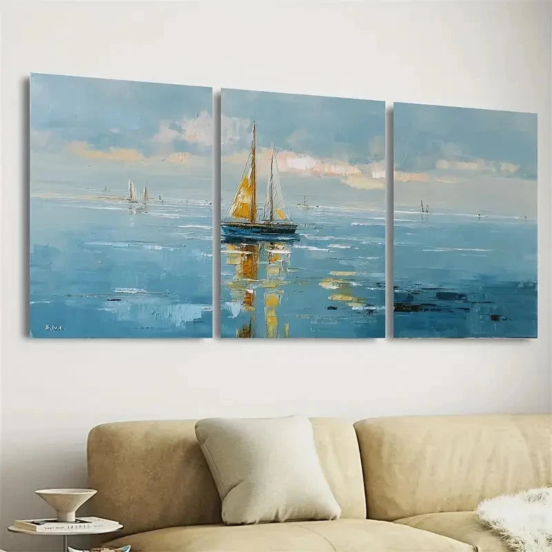 3pcs Nautical Sailboat Seascape Coastal View Wall Art Set Canvas Framed 40x60cm - High Quality Print 100% Australian Made Wall Canvas Ready to Hang