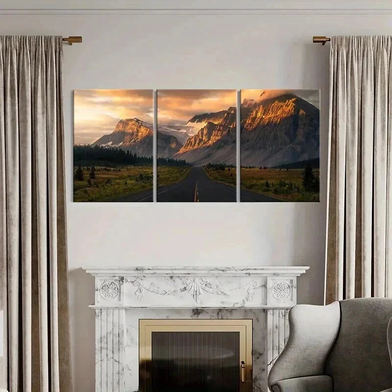 3pcs Scenery Mountains Sunset Road & Trees Wall Art Set Canvas Framed 40x60cm - High Quality Print 100% Australian Made Wall Canvas Ready to Hang