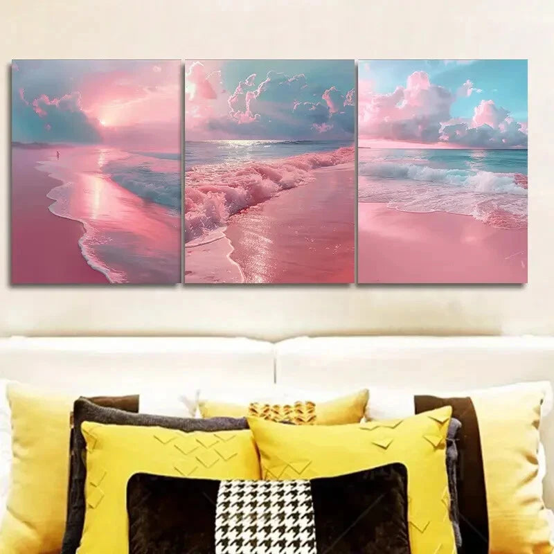 3pcs Set Pink Sandy Beach Decor Wall Art Set Canvas Framed 40x60cm - High Quality Print 100% Australian Made Wall Canvas Ready to Hang