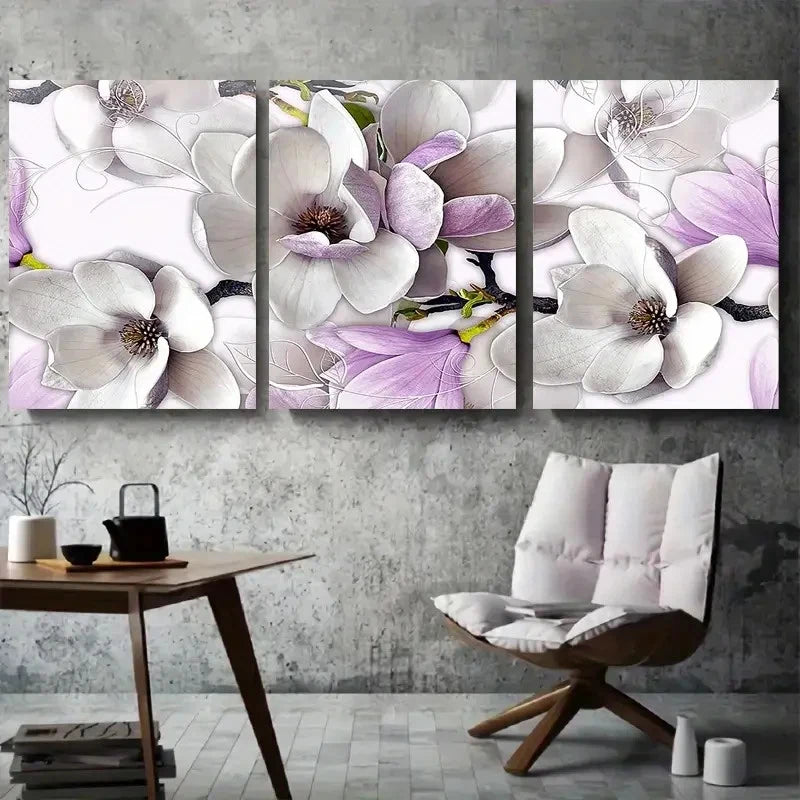 3pcs Elegant White Purple Magnolia Flower Wall Art Set Canvas Framed 40x60cm - High Quality Print 100% Australian Made Wall Canvas Ready to Hang