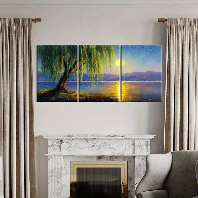3pcs Moonlit Willow Tree Serene Lake Reflection Wall Art Set Canvas Framed 60x90cm - High Quality Print 100% Australian Made Wall Canvas Ready to Hang