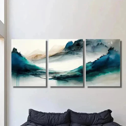 3pcs Green Blue Mountains in the Fog Wall Art Set Canvas Unframed - High Quality Print 100% Australian Made Wall Canvas