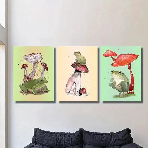 3pcs Whimsical Frog & Mushroom Decor Wall Art Canvas Unframed – High Quality Print 100% Australian Made Wall Canvas