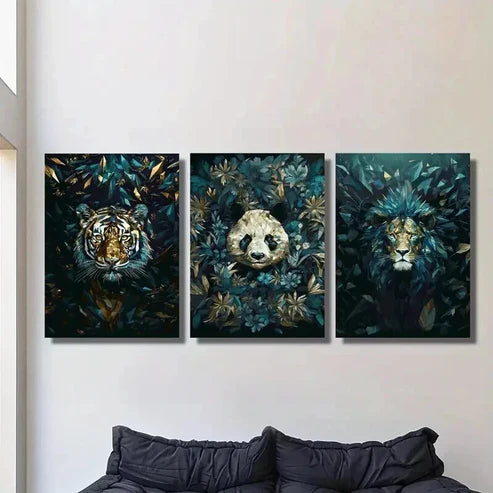 3pcs Blue Geometric Tiger Lion and Giant Panda Wall Art Canvas Unframed - High Quality Print 100% Australian Made Wall Canvas