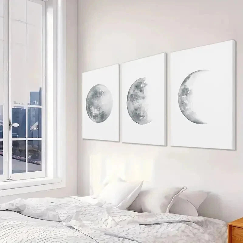 3pcs Depicting Moon Phases Wall Art Set Canvas Framed 50x70cm - High Quality Print 100% Australian Made Wall Canvas Ready to Hang