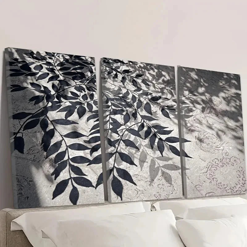 3pcs Black & White Leaf Shadow Wall Art Set Canvas Framed 40x60cm - High Quality Print 100% Australian Made Wall Canvas Ready to Hang