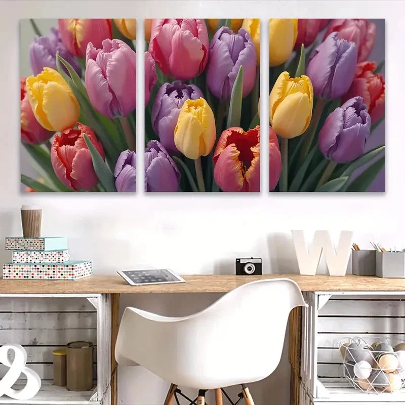 3pcs Colorful Tulip Floral Painting Wall Art Set Canvas Framed 60x90cm - High Quality Print 100% Australian Made Wall Canvas Ready to Hang