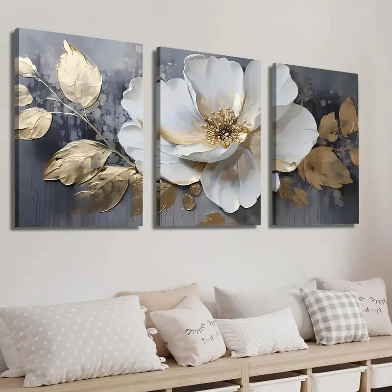 3pcs Elegant White & Golden Flowers Perfect Wall Art Set Canvas Framed 40x60cm - High Quality Print 100% Australian Made Wall Canvas Ready to Hang.