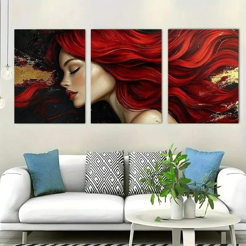 3pcs Dynamic Red Hair Art Glamorous Perfect Wall Art Set Canvas Framed 40x60cm - High Quality Print 100% Australian Made Wall Canvas Ready to Hang