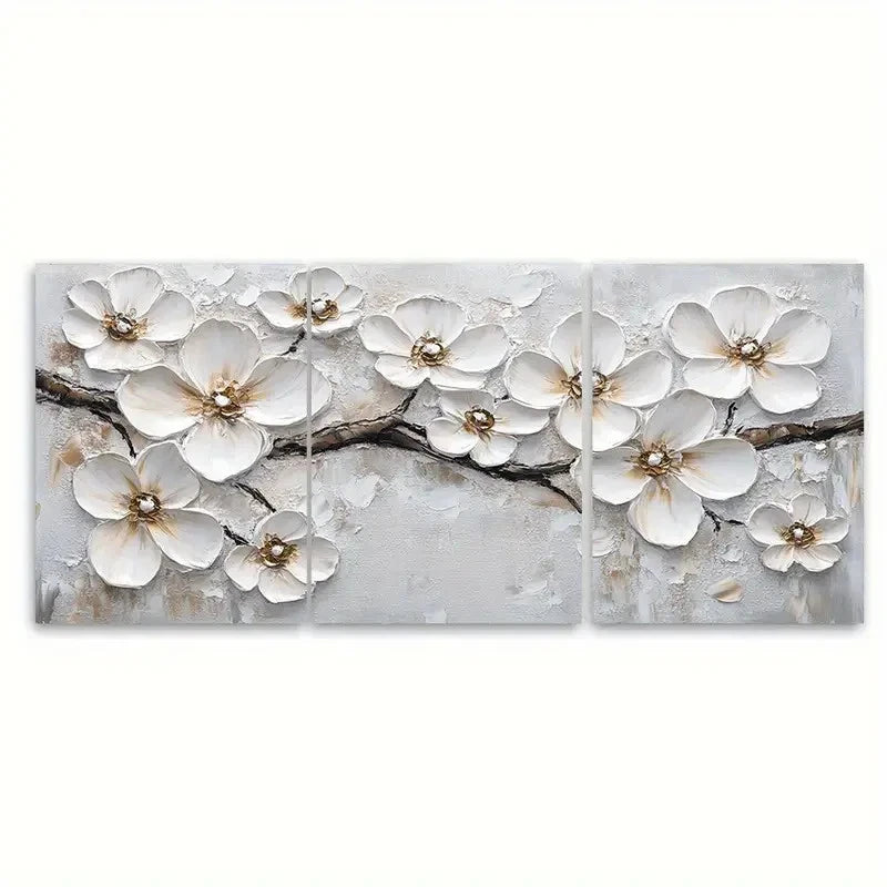 3pcs White Blossom Painting Flowers EI Wall Art Set Canvas Framed 40x60cm - High Quality Print 100% Australian Made Wall Canvas Ready to Hang
