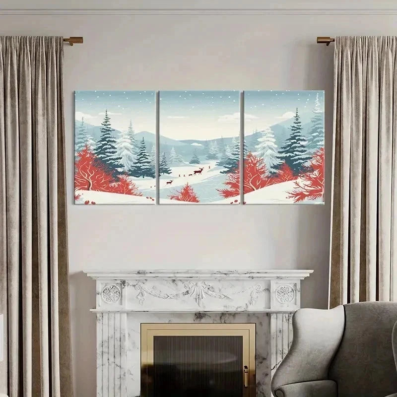 3pcs Snow Scene with Elk Modern Decor Wall Art Set Canvas Framed 40x60cm - High Quality Print 100% Australian Made Wall Canvas Ready to Hang