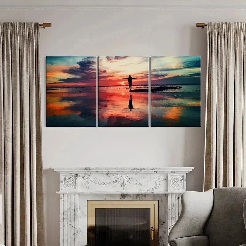 3pcs Man in the Beach at Sunset Wall Art Set Canvas Framed 40x60cm - High Quality Print 100% Australian Made Wall Canvas Ready to Hang