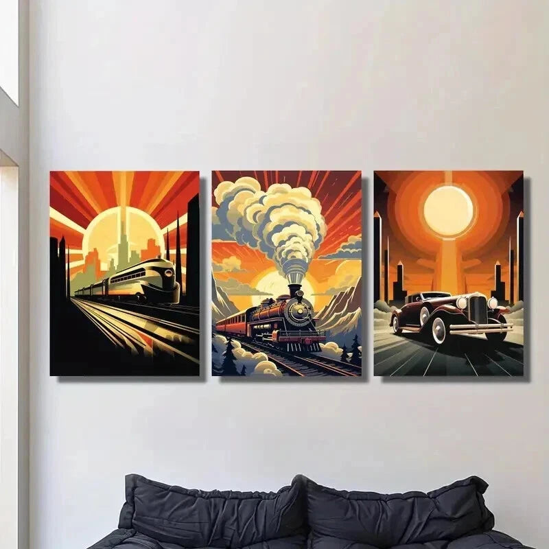 3pcs Steam Age & Industrial Cars & Trains Wall Art Set Canvas Framed 40x60cm - High Quality Print 100% Australian Made Wall Canvas Ready to Hang