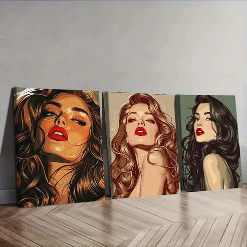 3pcs Portrait of Beautiful Woman Wall Art Set Canvas Unframed - High Quality Print 100% Australian Made Wall Canvas