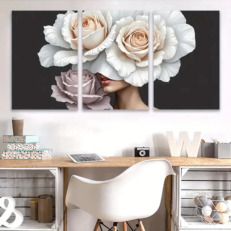 3pcs White Woman Floral Portrait Wall Art Set Canvas Framed 60x90cm - High Quality Print 100% Australian Made Wall Canvas Ready to Hang