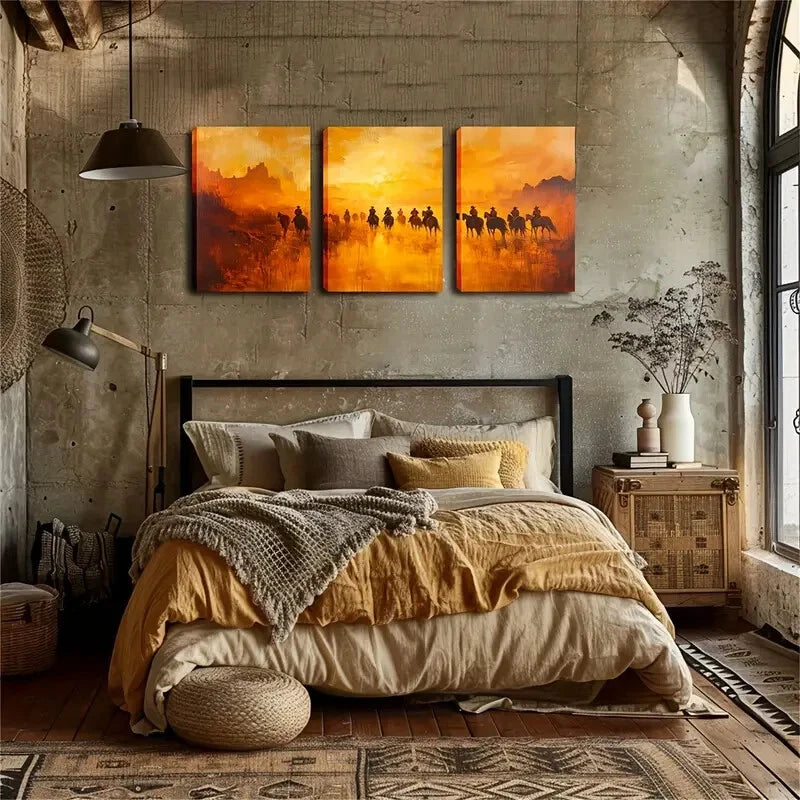 3pcs Horses Under Retro Dusk Triptych Perfect Wall Art Set Canvas Framed 40x60cm - High Quality Print 100% Australian Made Wall Canvas Ready to Hang
