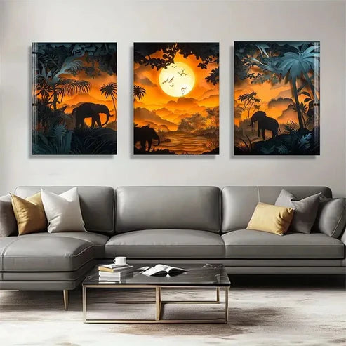 3pcs Majestic Elephants Sunset Safari Perfect Wall Art Canvas Unframed - High Quality Print 100% Australian Made Wall Canvas