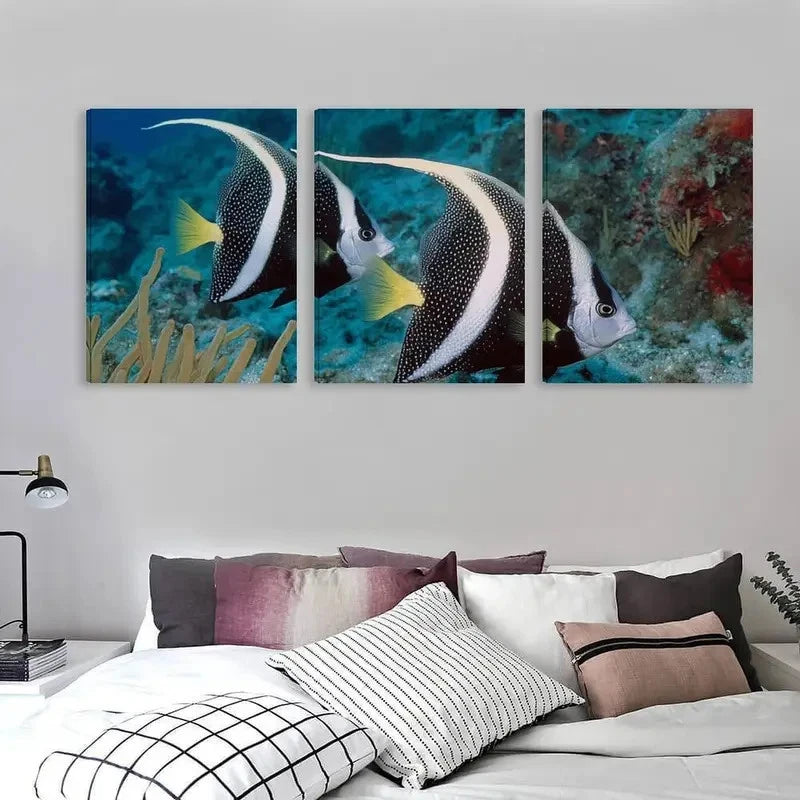 3pcs Two Black and white Angelfish swimming Wall Art Set Canvas Framed 60x90cm - High Quality Print 100% Australian Made Wall Canvas Ready to Hang
