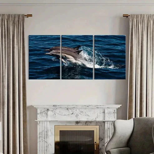 3pcs Dolphins Jumping Out Of The Sea Marine Life Wall Art Canvas Unframed - High Quality Print 100% Australian Made Wall Canvas