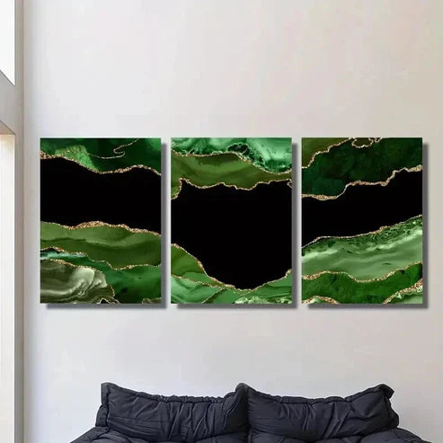 3pcs Dark Green Stone Texture with Golden Accent Wall Art Canvas Unframed - High Quality Print 100% Australian Made Wall Canvas