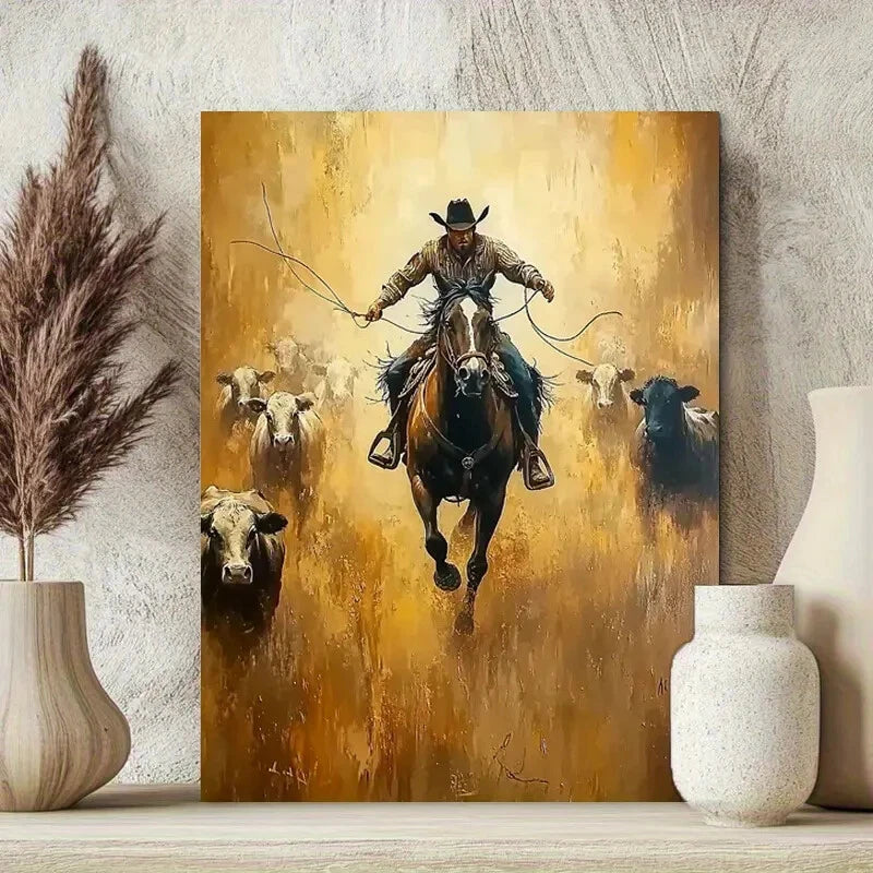 Cowboy Herding Cattle Vibrant Western Scene 40x60cm Metal Print Ready to Hang