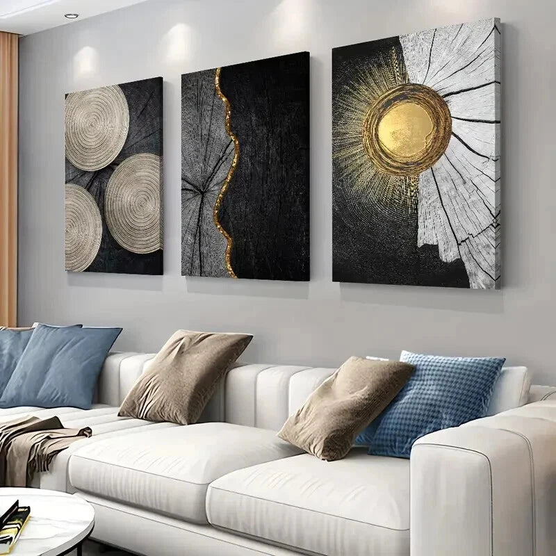 3pcs Black And Golden Color Annual Ring Wall Art Set Canvas Framed 40x60cm - High Quality Print 100% Australian Made Wall Canvas Ready to Hang