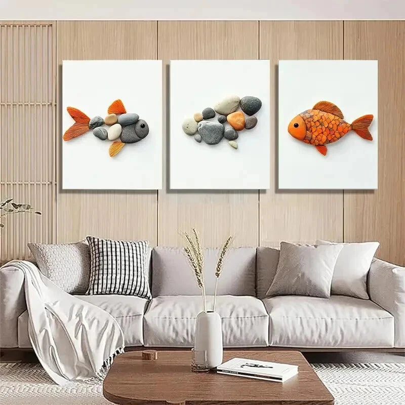 3pcs Pebble Art Fish Unique Stone Perfect Wall Art Set Canvas Framed 40x60cm - High Quality Print 100% Australian Made Wall Canvas Ready to Hang