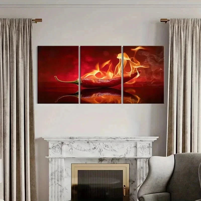 3pcs Vibrant Burning Chili Pepper Wall Art Set Canvas Framed 40x60cm - High Quality Print 100% Australian Made Wall Canvas Ready to Hang