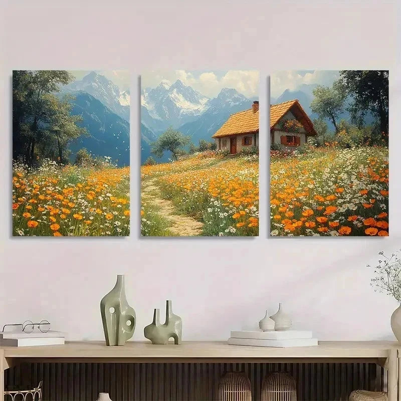 3pcs Vintage Wildflower Meadow cLandscape Perfect Wall Art Set Canvas Framed 40x60cm - High Quality Print 100% Australian Made Wall Canvas Ready to Hang