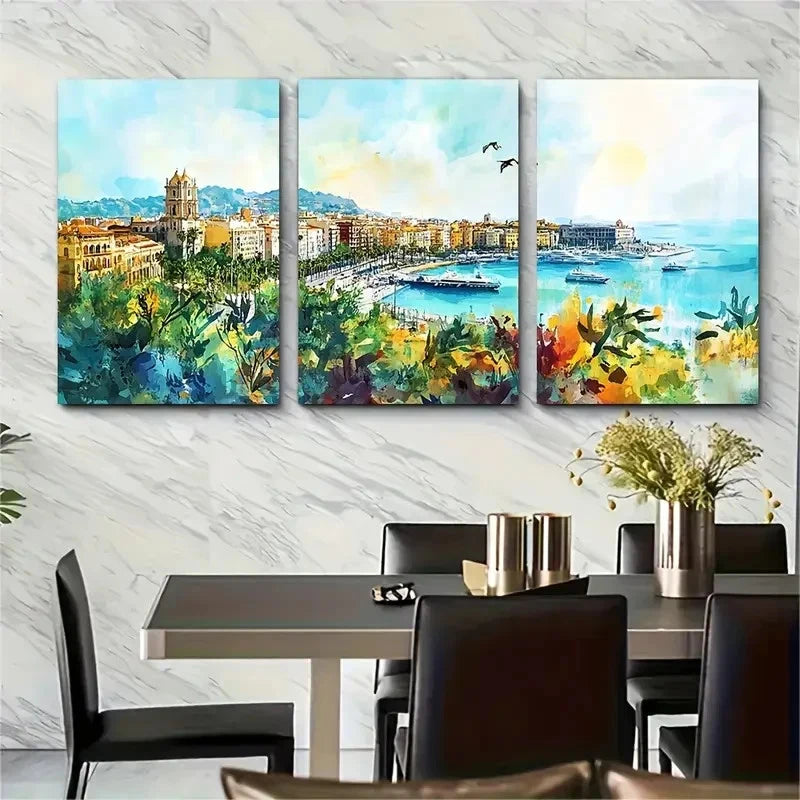 3pcs Malaga Cityscape Spain Landscape Perfect Wall Art Set Canvas Framed 40x60cm - High Quality Print 100% Australian Made Wall Canvas Ready to Hang