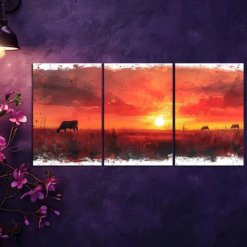 3pcs 3pcs Charming Sunset Cows & Sheep Metal Print Ready to Hang Art