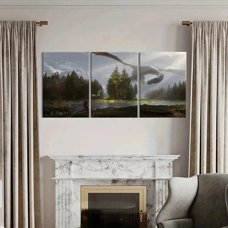 3pcs Magical Style Aesthetic Dragon Retro Wall Art Set Canvas Framed 40x60cm - High Quality Print 100% Australian Made Wall Canvas Ready to Hang