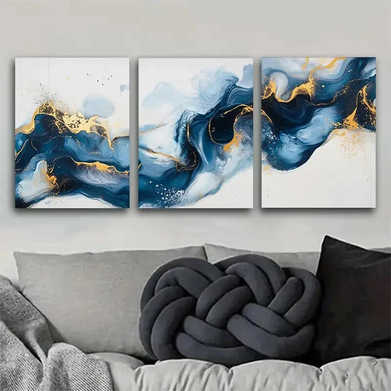 3pcs Blue and Golden Abstract Décor Perfect Wall Art Set Canvas Framed 40x60cm - High Quality Print 100% Australian Made Wall Canvas Ready to Hang