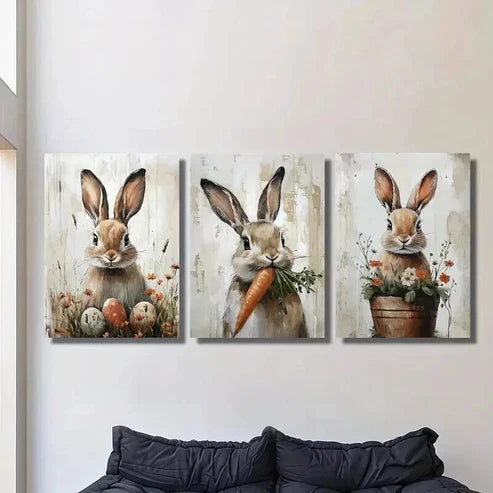 3pcs Rabbits with Eggs & Carrots Wall Art Canvas Unframed - High Quality Print 100% Australian Made Wall Canvas