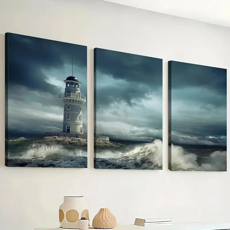 3pcs Ocean Lighthouse Triptych Waves Perfect Wall Art Set Canvas Framed 40x60cm - High Quality Print 100% Australian Made Wall Canvas Ready to Hang