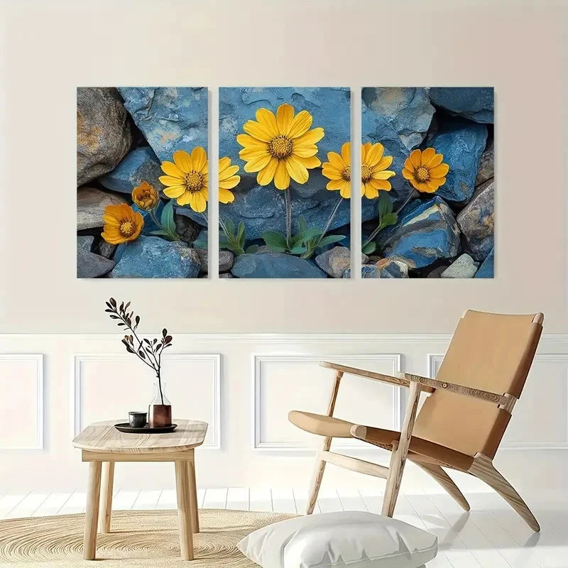 3pcs Yellow Brittlebush Flower Plant Perfect Wall Art Set Canvas Framed 40x60cm - High Quality Print 100% Australian Made Wall Canvas Ready to Hang