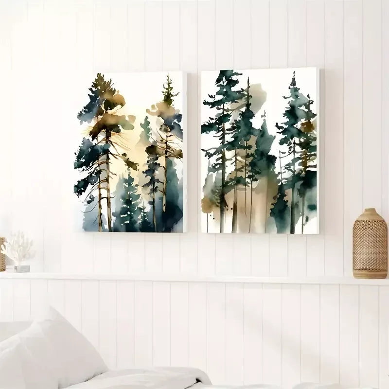 2pcs Pine Trees Misty Forest Oil Paintings Framed 50x75cm - High Quality Print 100% Australian Made Wall Canvas Ready to Hang