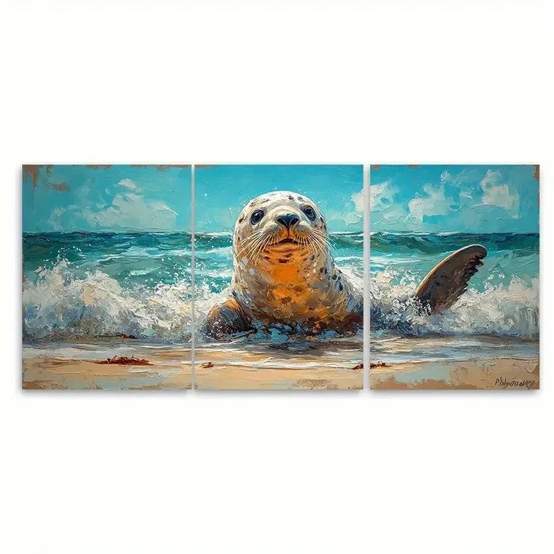 3pcs Vibrant Seal Beach Marine Animals ER Wall Art Set Canvas Framed 50x70cm - High Quality Print 100% Australian Made Wall Canvas Ready to Hang