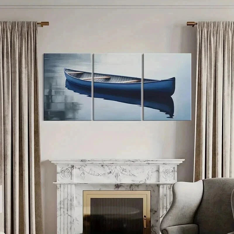 3pcs Serene Blue Canoe Reflections Wall Art Set Canvas Framed 40x60cm - High Quality Print 100% Australian Made Wall Canvas Ready to Hang