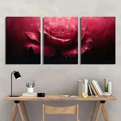 3pcs Dark Red Rose with Dripping Paint Wall Art Canvas Unframed - High Quality Print 100% Australian Made Wall Canvas