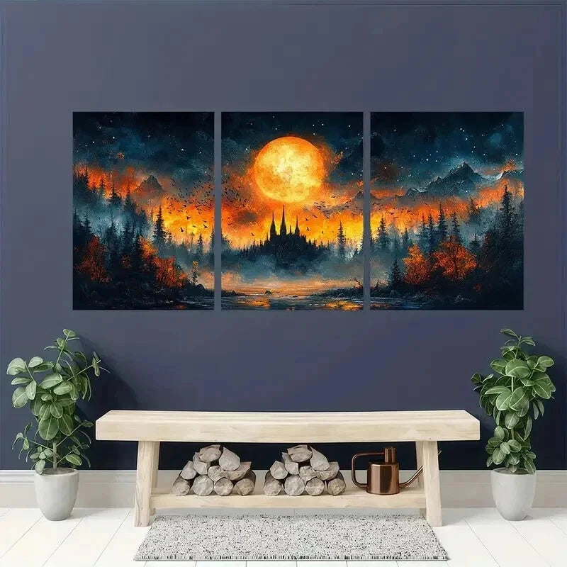 3pcs Mystical Night Scene with Full Moon Wall Art Set Canvas Framed 40x60cm - High Quality Print 100% Australian Made Wall Canvas Ready to Hang