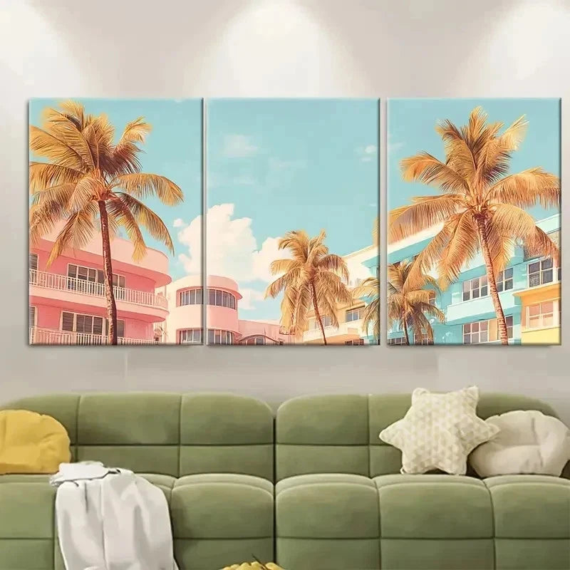 3pcs Pastel Deco And Palm Trees Mount Perfect Wall Art Set Canvas Framed 40x60cm - High Quality Print 100% Australian Made Wall Canvas Ready to Hang