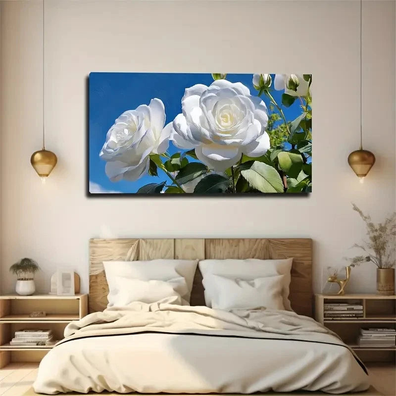 Blue Sky With White Roses Wall Art Canvas Office Home Room Framed 120x60cm