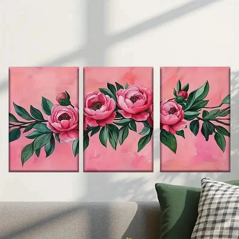 3pcs Pink Peonies with Green Leaves Wall Art Set Canvas Framed 40x60cm - High Quality Print 100% Australian Made Wall Canvas Ready to Hang