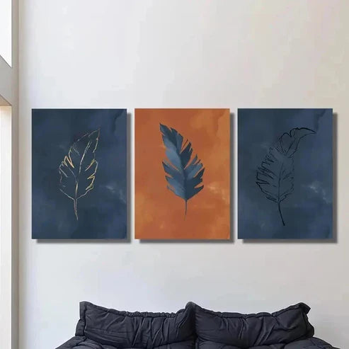 3pcs Luxury Blue and Orange Feather Wall Art Canvas Unframed - High Quality Print 100% Australian Made Wall Canvas